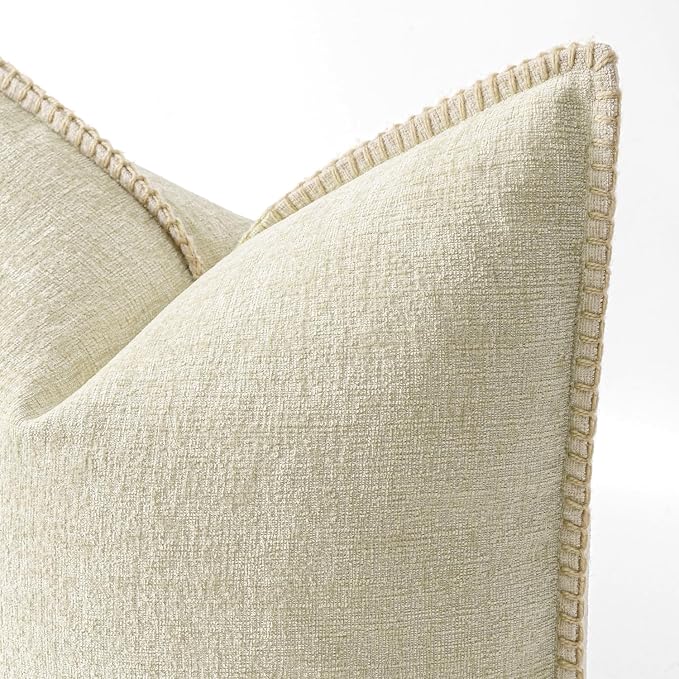 MIULEE Pack of 2 Pillow Covers 18x18 Inch Cream White Farmhouse Decorative Throw Pillow Covers with Stitched Edge Soft Chenille Solid Dyed Couch Pillow Covers for Sofa Bed Living Room
