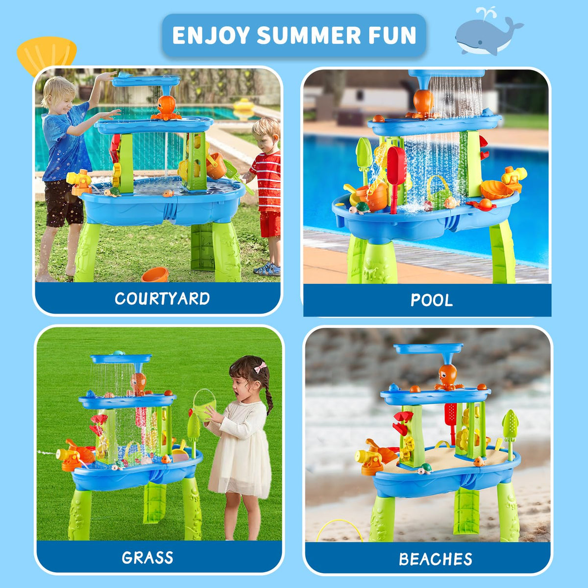 YAZ&OUZ Water Table for Toddlers 1-3, 3-Tier Kids Water Table, Water Tables for Toddlers 3-5 Features Swimming Crabs & Dolphins, Rain Showers Splash Pond, Activity Sensory Play Table for Boys Girls