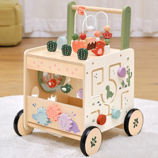KizKnows Wooden Baby Push Walker 6-in-1 Dinosaur Activity Center for Toddlers Montessori Toys with Wheels Adjustable Speed with Brake & Shape Sorter Gifts for Boys Girls 12M+