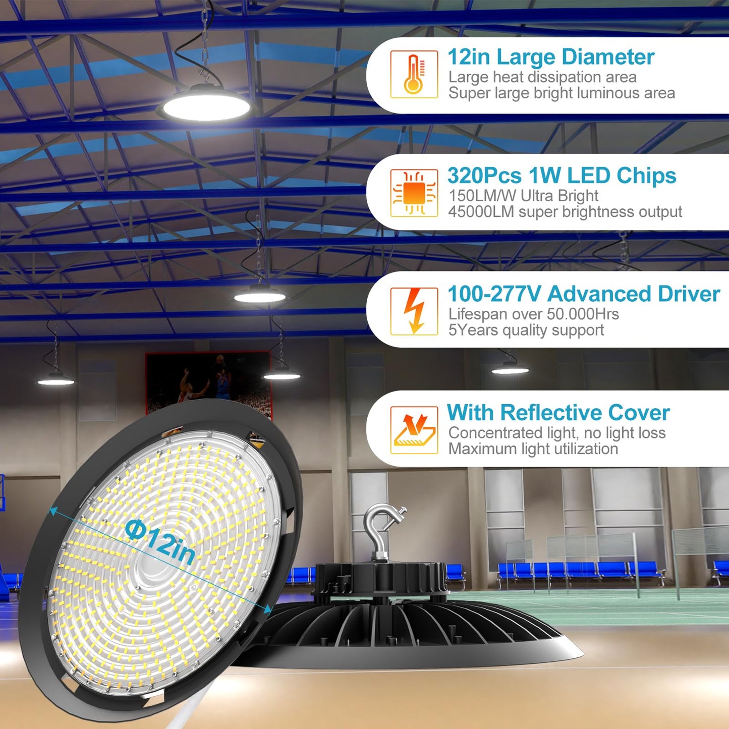Lightdot LED High Bay Lights 300W (340x1W) 45000lm High Bay LED Shop Lights, AC100-277V Plug and Play Commercial UFO Lights for 30-50FT Height Warehouse,Workshop, Garage & Barn-4Pack