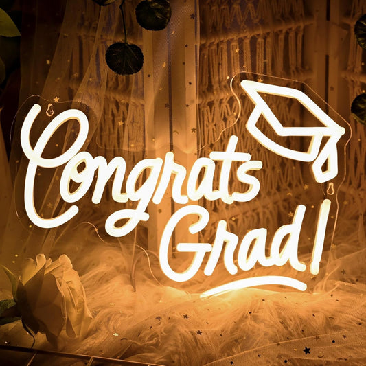 Skiennix Congrats Grad Neon Sign - Graduation Cap Design | 16"x11" Warm White LED Light for Class of 2026 Celebrations