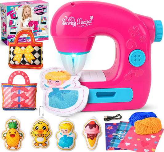 TUZT Mini Sewing Machine Toy Kit for Kids Beginners, 22pcs Portable Electric Sewing Machine with Sewing Kit, Light and Finger Guard, Birthday Christmas Gift for Kids Girls 4-12