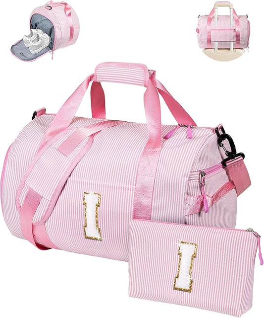Birthday Gift for Granddaughter, Girl Gym Bag, Kids Initial Overnight Duffel Bags with Shoe Compartment, Personalized Travel Bag with Makeup Pouch, Sweet 16 Gifts for Girls (Letter I)