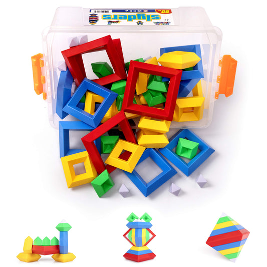 Play Build Slyder Set: 60 Pieces 3D Pyramid Building Blocks, Geometric Stacking Toys for Kids Ages 4+ - Creative Early Childhood STEM Educational Toys for Preschool Boys and Girls
