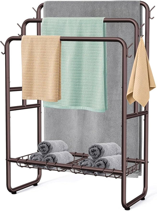 Kayfia 40" Tall Free Standing Towel Racks for Bathroom, 3 Tier Blanket Rack with 2 Storage Baskets & 6 Hooks, Towel Rack Stand for Large Bath Towels, Metal Blanket Ladder Holder for Bedroom (Bronze)