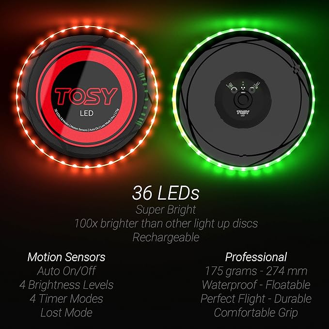 TOSY Bundle of 3-2X Blue + Red - Flying Disc 36 LEDs, Super Bright, Smart Modes, Auto Light Up, Rechargeable, Cool Fun Christmas, Birthday & Camping Gift for Men/Boys/Teens/Kids, 175g Frisbee