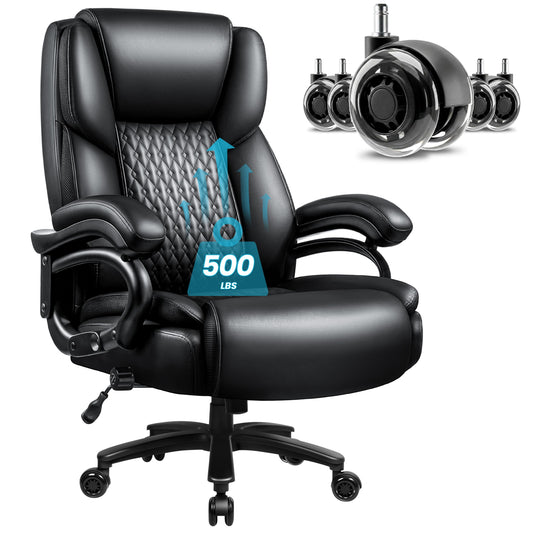Big and Tall Office Chair 500lbs, Heavy Duty Executive Office Leather Chair for Heavy People, High Back Ergonomic Office Chair with Lumbar Support & Quiet Rubber Wheels, Extra Padded Seat, Black