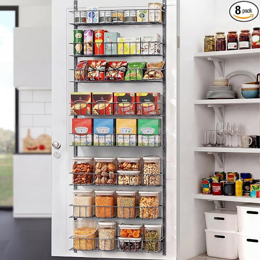 ElegantArray 8-Tier Pantry Door Oragnizer, Over The Door Pantry Organizer Rack and Storage, Hanging Spice Rack Shelves Door, Home Office Laundry Room Bathroom & Kitchen Organization, Deep Gray