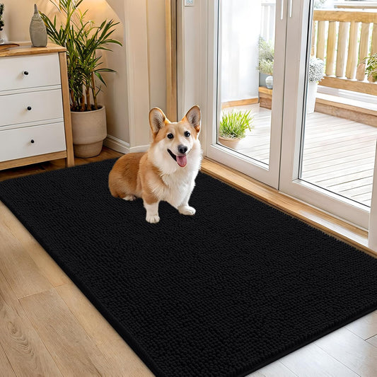 OLANLY Dog Door Mat - Absorbent Non-Slip Washable Doormat for Muddy Paws | 54x32 Black Chenille Carpet