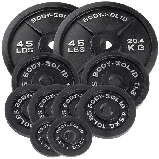 Body-Solid Cast Iron Olympic Weight Plate Set, Free Weights Dumbbell Plates with 2 Inch Standard Hole for All Olympic Barbell Types, 190 lb Total Weight Sets, Midnight Black