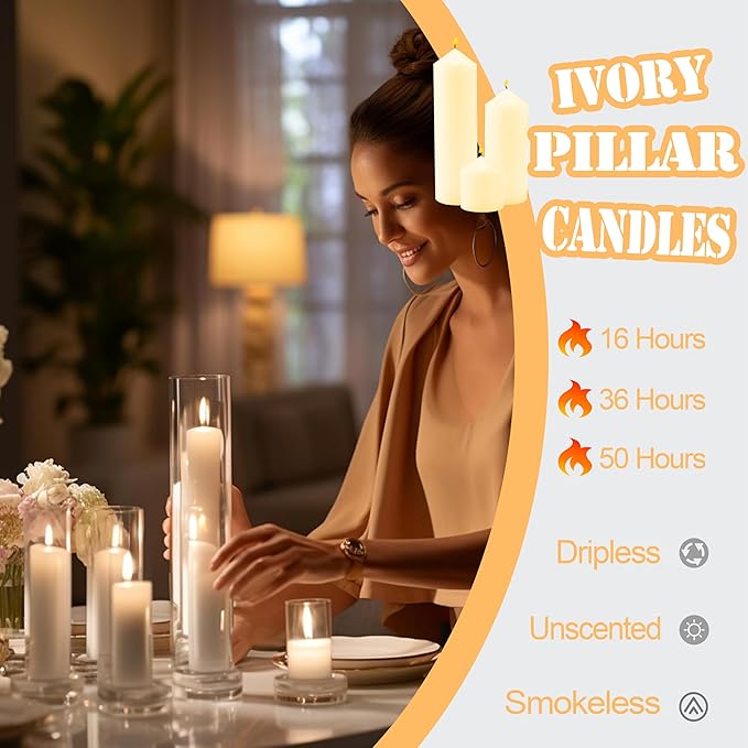 3 Pcs Ivory Pillar Candles Bulk Set，Hurricane Candlesï¼? Different Lengths ，Dripless Unscented Smokeless，Gives You a Better Atmosphere When Organizing Wedding or Event Party.
