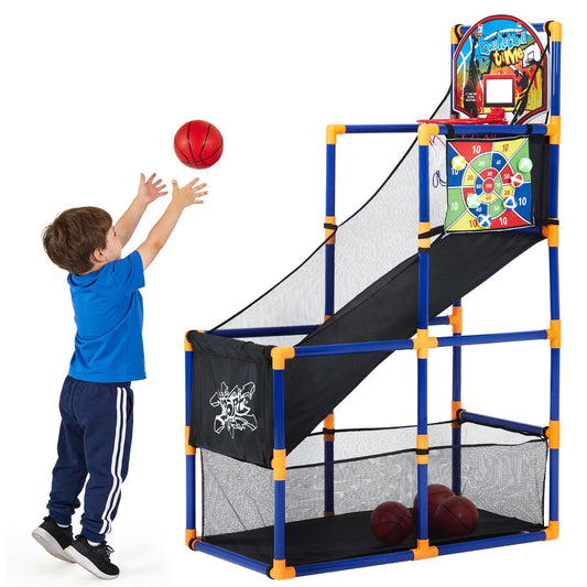 2-in-1 Kids Basketball Arcade Game Set with 4 Balls & 6 Sticky Toss Balls – Indoor & Outdoor Basketball Hoop and Dart Game, Height Adjustable Sports Toy with Ball Return Ramp for Boys & Girls Ages 3+