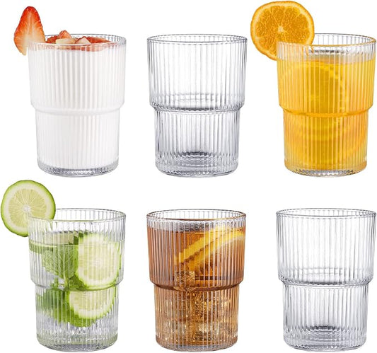 Ribbed Glassesware 14 Oz Ripple Drinking Glasses Iced Coffee Glasses Glass Cup Set Of 6 Vintage Drinking Glasses Water Glasses Fluted Glassware Cocktail Glass Cute Glass Cups