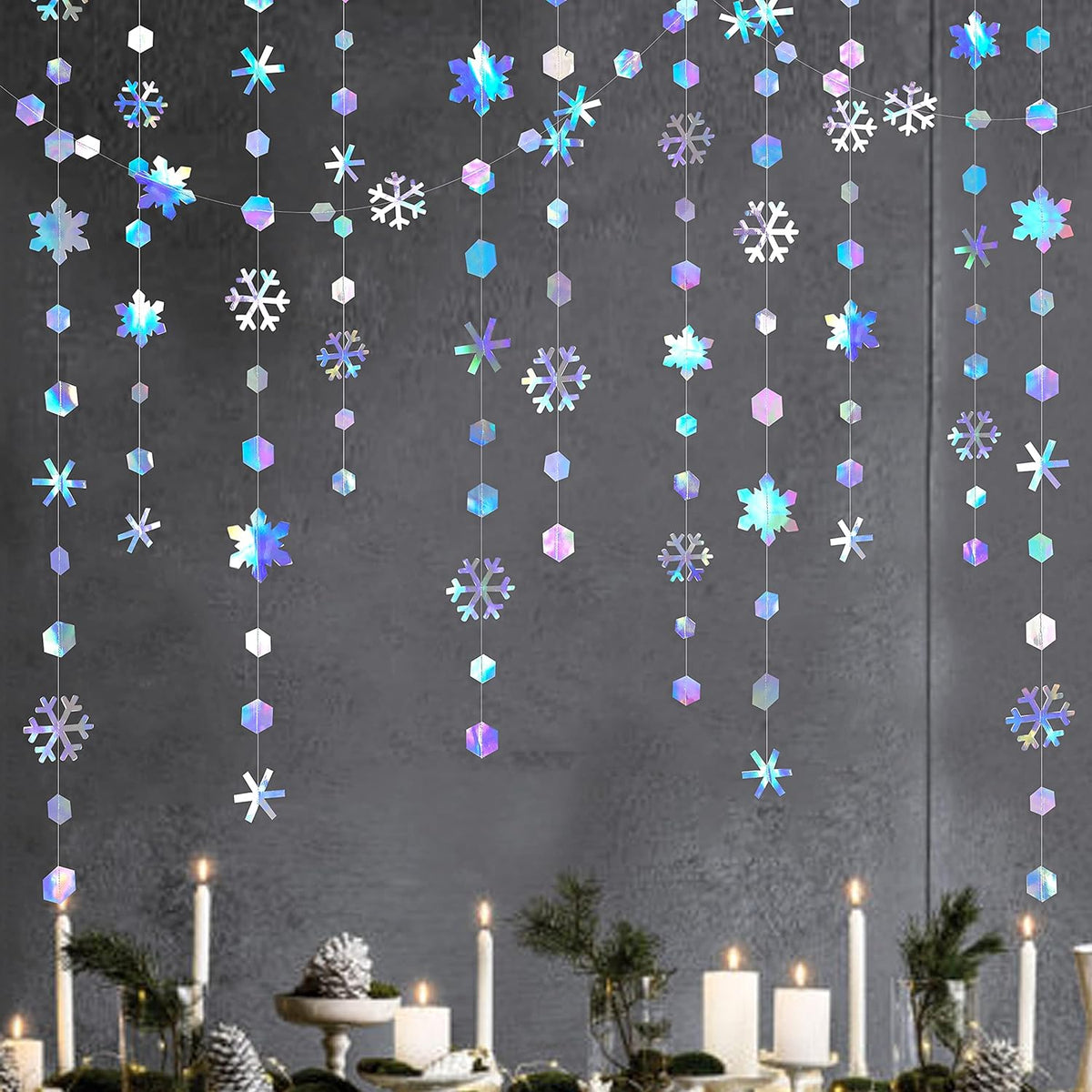 Winter Wonderland Party Decoration - Iridescent Snowflake Garland by [Brand Name] | 52Ft Holographic Streamer for Christmas & Weddings