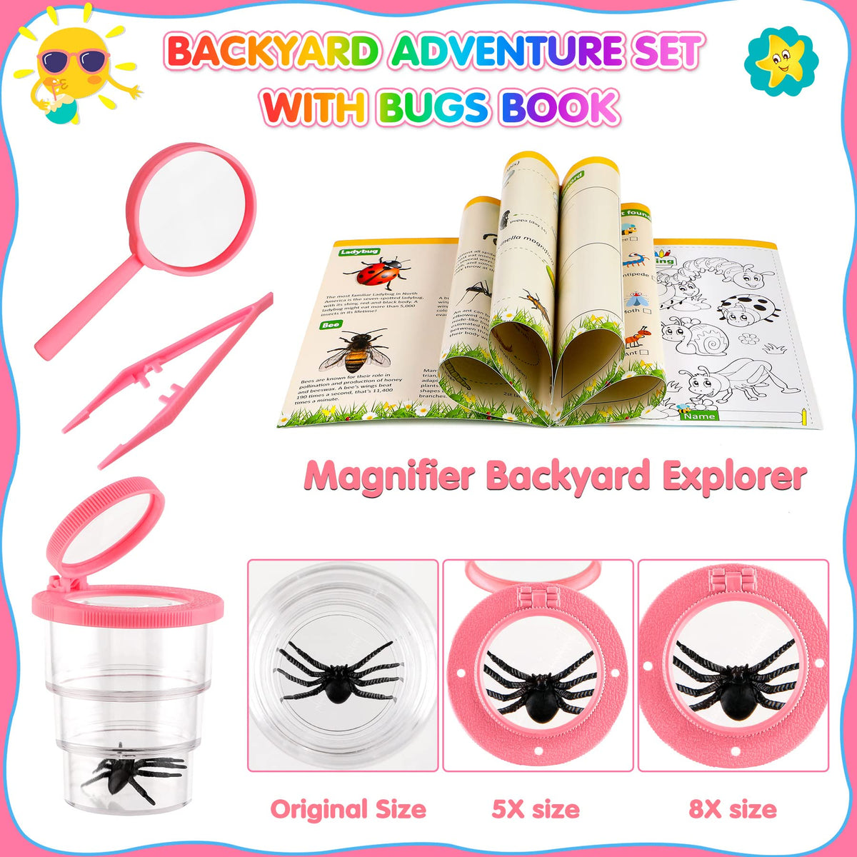 INNOCHEER Kids Explorer Kit & Bug Catcher Kit & Safari Costume Kit, Outdoor Exploration Set with Hat, Vest, Butterfly Net and Bugs Book for Boys Girls 3-12 Years Old (Camouflage Pink)