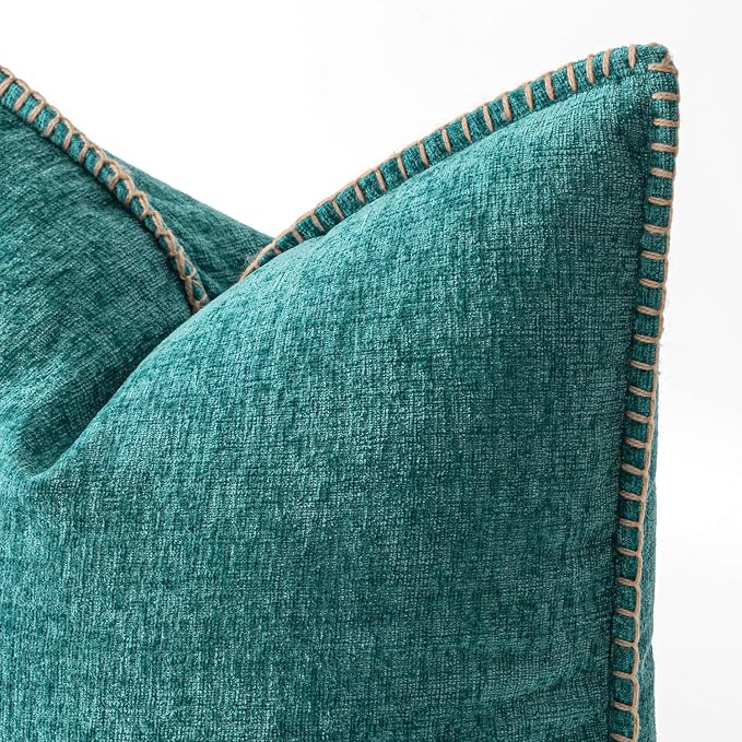 MIULEE Pack of 2 Couch Throw Pillow Covers 18x18 Inch Teal Farmhouse Decorative Pillow Covers with Stitched Edge Soft Chenille Solid Dyed Summer Pillow Covers for Sofa Bed Living Room