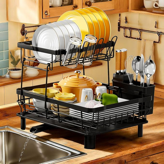 MOUKABAL Dish Drying Rack, Dish Rack, Stainless Steel Dish Racks for Kitchen Counter, Dish Drainer with Removable Utensil Holder, Drainboard (Black,2 Tier,13''W x 17''L)