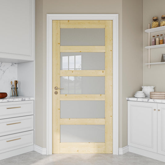 36" x 80" Pine Wood Slab Door, 5-Panel Frosted Glass Interior Doors, Single Room Door for Closet & Bedroom, Farmhouse Style as Prehung, Pocket, Bifold, Barn Doors, Easy DIY Stain, Shaker w/o Hardware