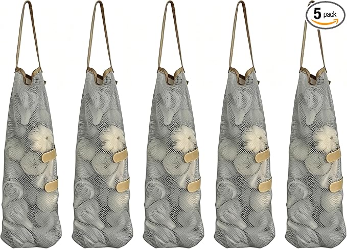 Ahyuan Hanging Mesh Storage Bags 5 Pack Onion Garlic Potatoes Net Mesh Bag Long and Large Reusable Net Produce Bags for Fruit Veggies Garbage Bag for Home RV Camper (Gray)