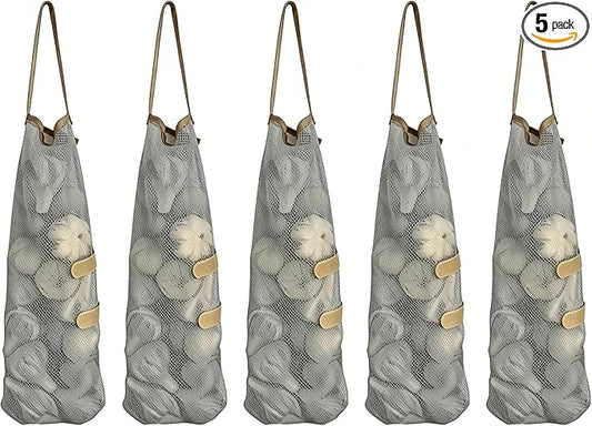 Ahyuan Hanging Mesh Storage Bags 5 Pack Onion Garlic Potatoes Net Mesh Bag Long and Large Reusable Net Produce Bags for Fruit Veggies Garbage Bag for Home RV Camper (Gray)