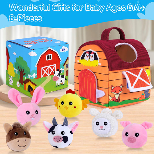 Baby Toys 6-12 Months, Little People Farm with Crinkle, Rattle & Squeaker – Little People Barn with Stuffed Farm Animals for Newborn Infants, Montessori Learning Toys for Baby Christmas Gift