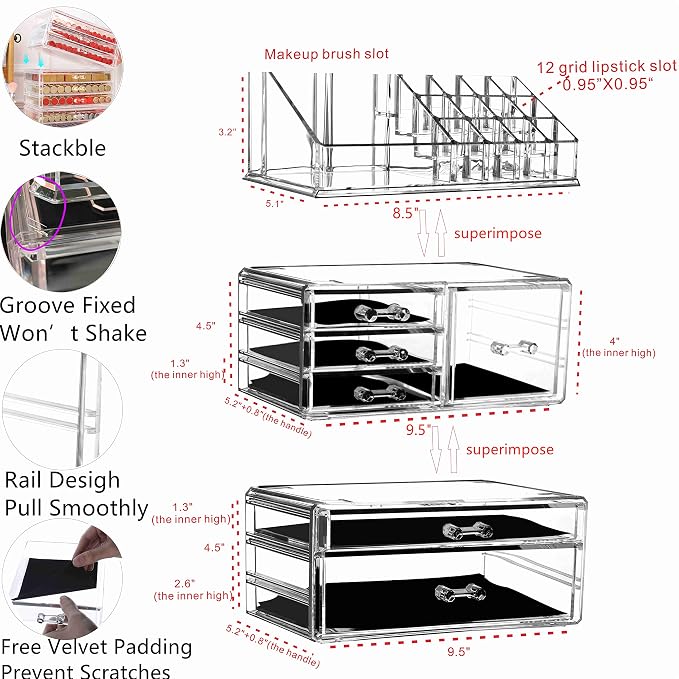 Cq acrylic 3 Pack Clear Makeup Organizer Countertop, Stackable 6 Drawers Skincare Organizer,Cute Skin Care Organizer for Vanity Hair Clip,Jewelry,Beauty Product Desk and Make Up Organizers for Vanity