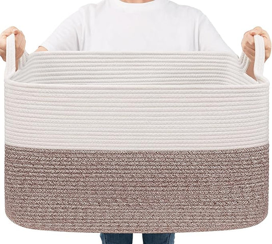 Goodpick Large Woven Blanket Basket 21.6" x 14.9" x 11.8" Storage Baskets for Organizing, Baby Laundry Basket with Handles, Toy Storage Baskets for Living Room Nursery, Brown