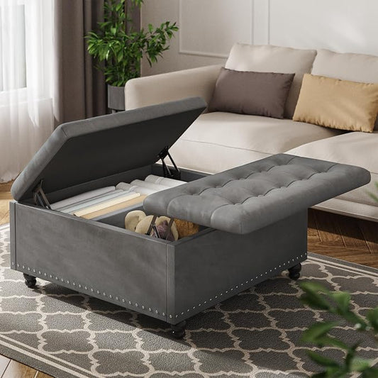 FUXA 35 Inch Large Square Ottoman with Storage, Oversized Ottoman Coffee Table with Lift Top and Wood Legs, Tufted Upholstered Storage Ottoman Bench for Living Room (Gray)