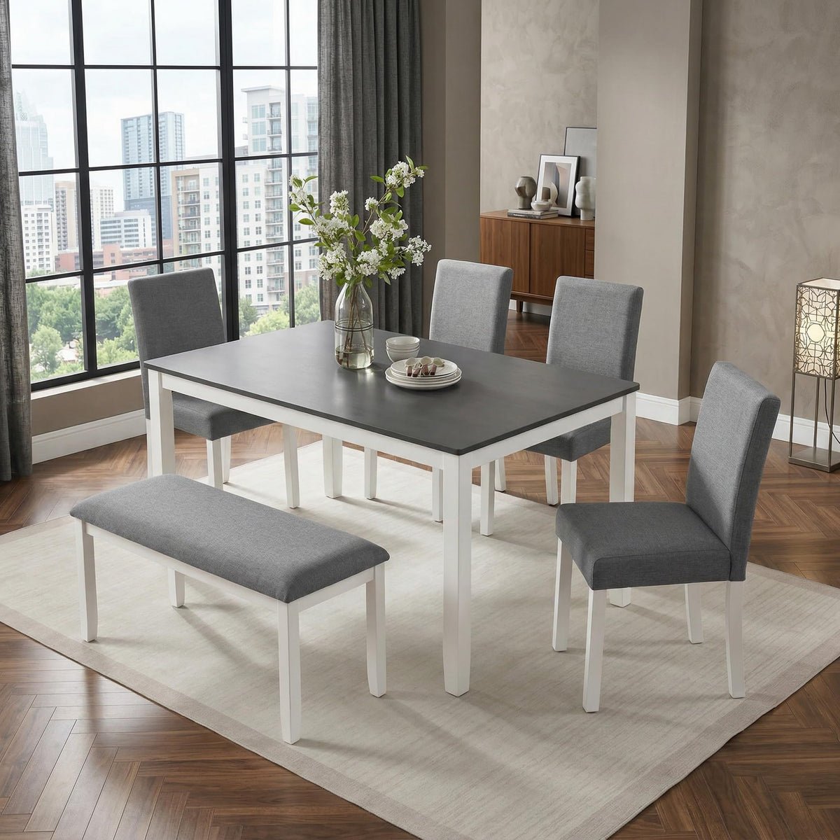 Casaphoria 6-Piece Dining Table Set with Bench and 4 Upholstered Chairs, Modern Wood Kitchen Table Set for 6, Grey & White Two-Tone Furniture for Dining Room, Small Spaces, Family Breakfast & Parties