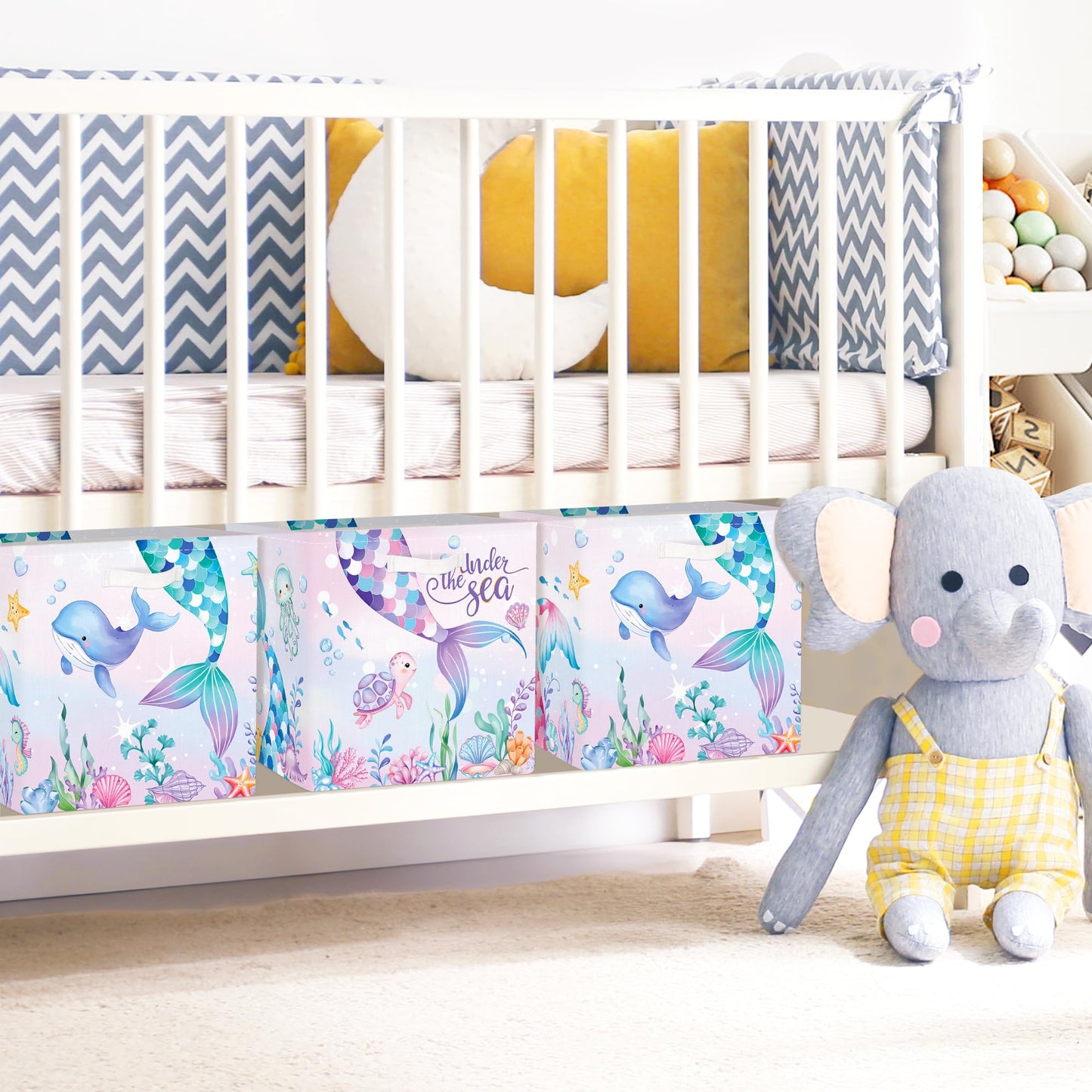 Clastyle Mermaid Tail Kid Storage Cube Organizer Set with Metal Frame Ocean Animal Turtle Closet Clothes Toy Storage Bin Nursery Toddler Girl Book Shelf Basket, Colorful Seaweed, 11.8x11.8x11.8 in