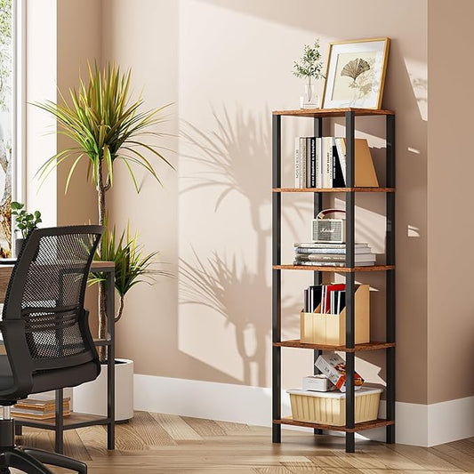 TUTOTAK Bookshelf, 5-Tier Tall Book Shelf, Narrow Bookcase for Small Space, DIY Stackable Bookshelf, for Living Room, Office, Study, Entryway, Industrial, Rustic Brown and Black BS01BB005