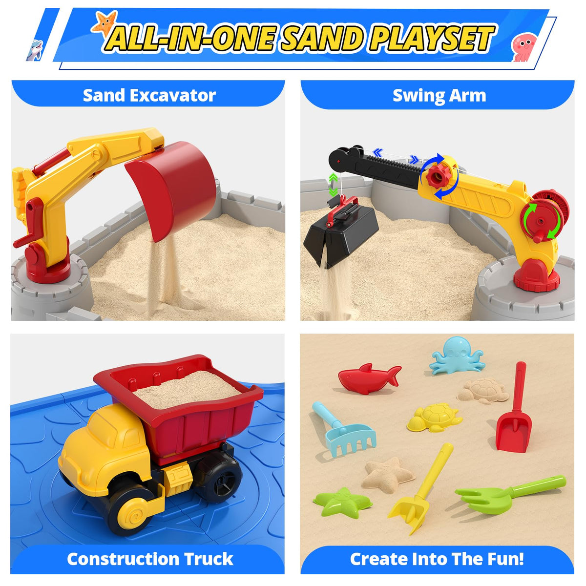 HYES Sandbox with Lid, Digger Excavator Plastic Sand Box with Cover, Play Sand Pit with Construction Toys/Umbrella/Beach Playset for Toddlers 1-3, Indoor Outdoor Sensory Gift for Kids Ages 4-8