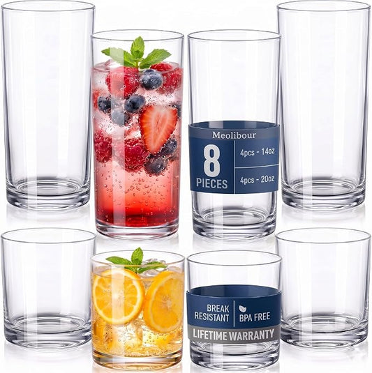 Plastic Drinking Glasses Set of 8, 14oz Rocks & 20oz Water Cups, Unbreakable Plastic Glasses Drinkware, Clear Kitchen Tumblers for Home & Outdoors, Reusable , BPA-Free, Top-Rack Dishwasher Safe