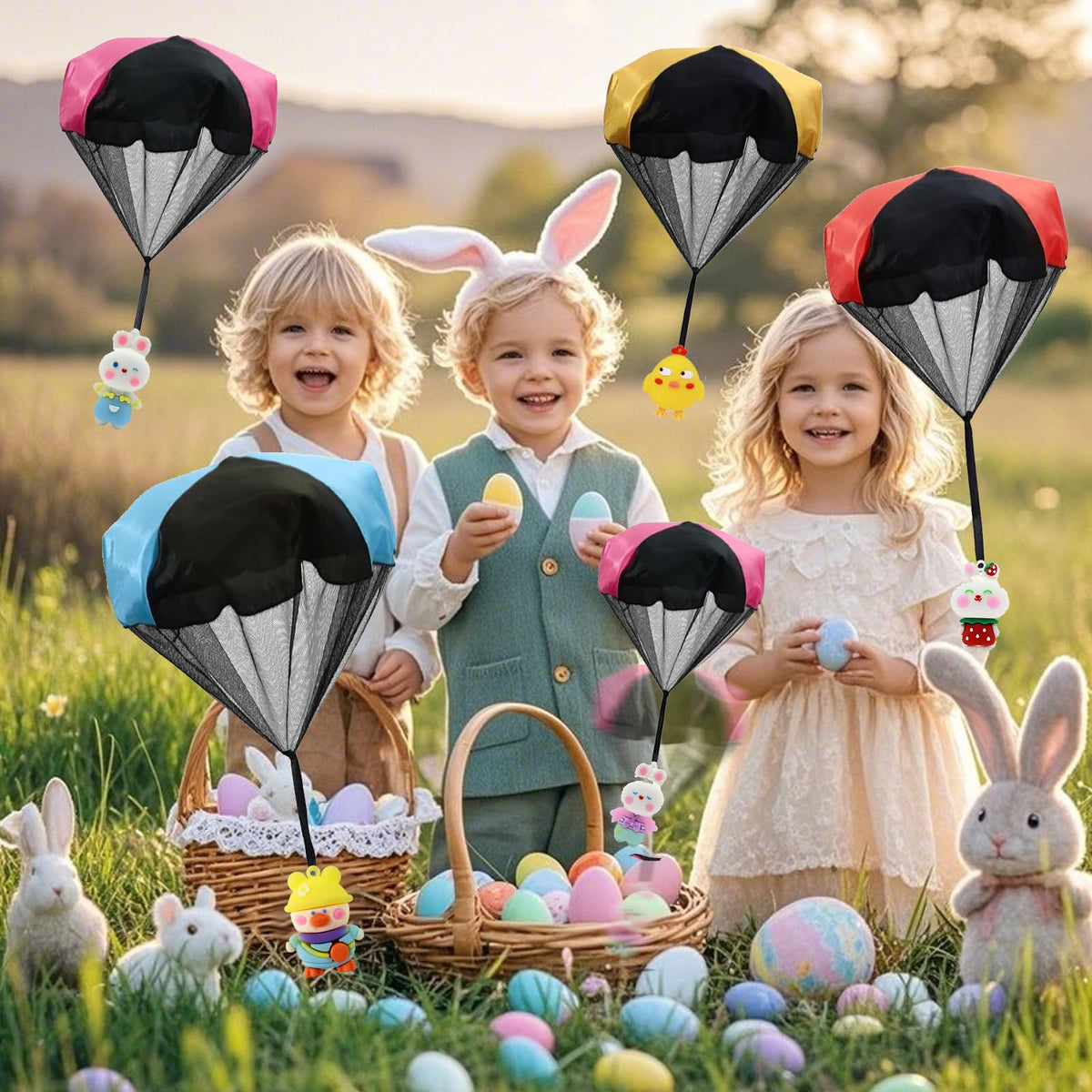 Rdogeia 8PCS Easter Parachute Toys,Easter Basket Stuffers with Hand Throw Flying Toys for Kids Boys Girls Easter Egg Fillers Ideas Gifts, Easter Party Favor
