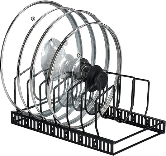 Toplife Pot Lids Organizer Rack for Cabinet and Countertop, 7+ Pan Lids and Bakeware Organizer Rack Holder with 7 Adjustable Compartments - Black