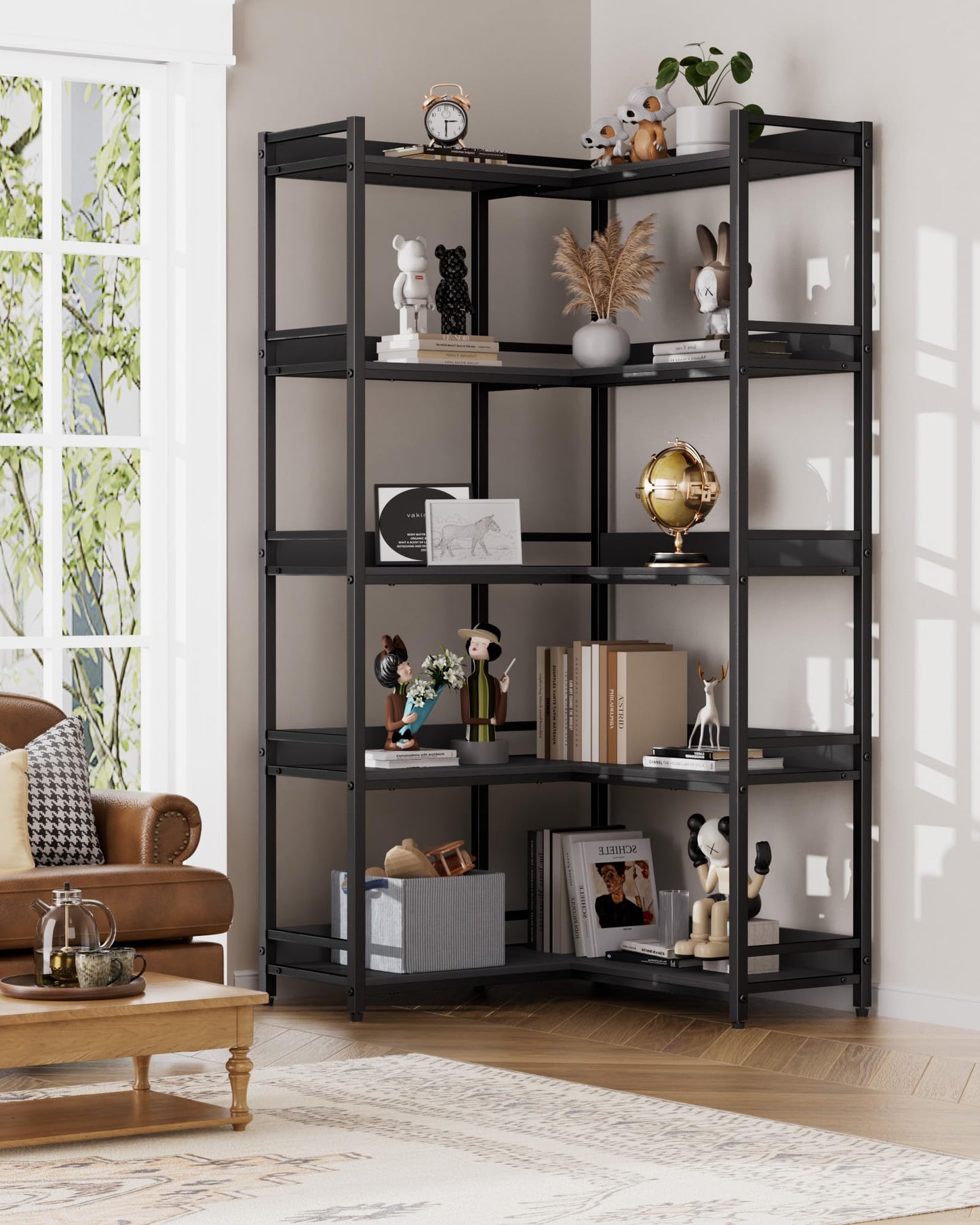 Large 5-Tier Corner Bookshelf - Modern Tall Corner Shelf Storage Display Rack with Sturdy Metal Frame - Perfect for Living Room, Home Office, Books and Decor Display