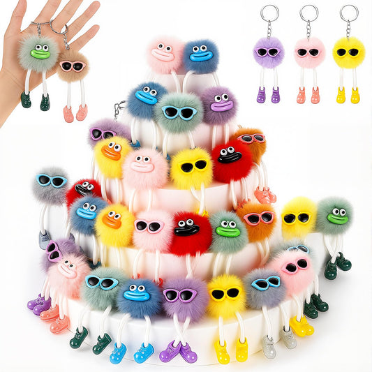 Equsion 48 Pcs Kawaii Keychains Bulk Cute Plush Keychains Fluffy Pompoms Balls with Tassels and Keyrings Key Chain Kawaii Party Favors for Birthday Goodie Bags Piñata Prizes(Cute)
