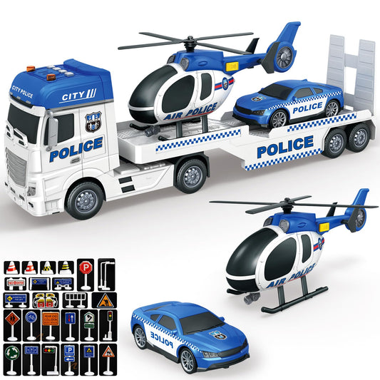 Yiwsnust Police Truck Toy 25.6" Large Semi Truck with Racing Car and Helicopter, Kids Police Car Toys with Light & Sound, Play Vehicles Cars Toys Birthday Gift for Toddler Boys Age 3 4 5 6