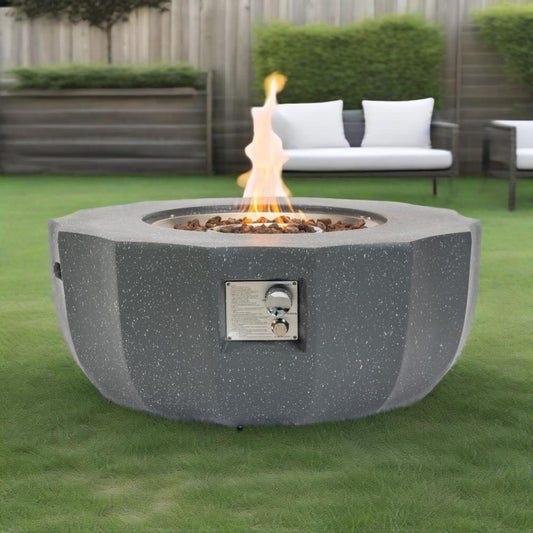 36 Inch Propane Fire Pit Table 50000 BTU Round Concrete Gas Fire Table with Lid Outdoor Patio Firepit for Deck Garden Backyard, Gray