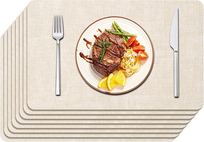 Maxpearl Faux Leather Placemats Set of 8 â Waterproof, Wipe Clean, Heat Resistant, Non-Slip Dining Table Mats for Indoor & Outdoor Use, 17âÃ12â, Beige