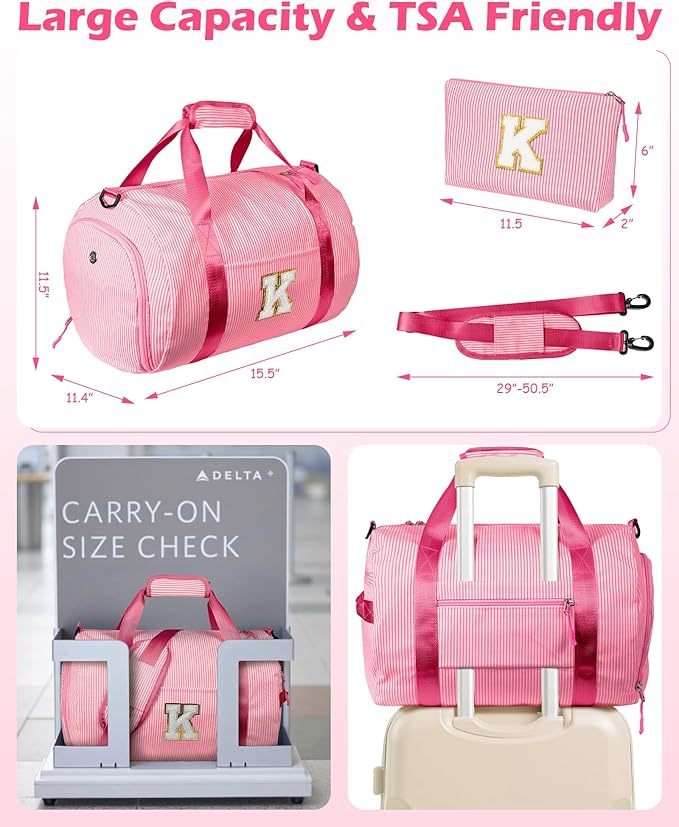 Gifts for Teenage Girls, Girl Gym Bag, Kids Initial Overnight Duffel Bags with Shoe Compartment, Personalized Travel Bag with Makeup Pouch, Girly Fashion Stuff Birthday Gift (Letter L)