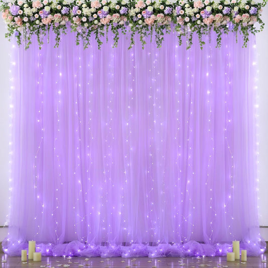Suppromo 208ft Decorations(4 58ft) Lavender Tulle Backdrop Curtain with Lights String for Wedding Baby Shower Lavender