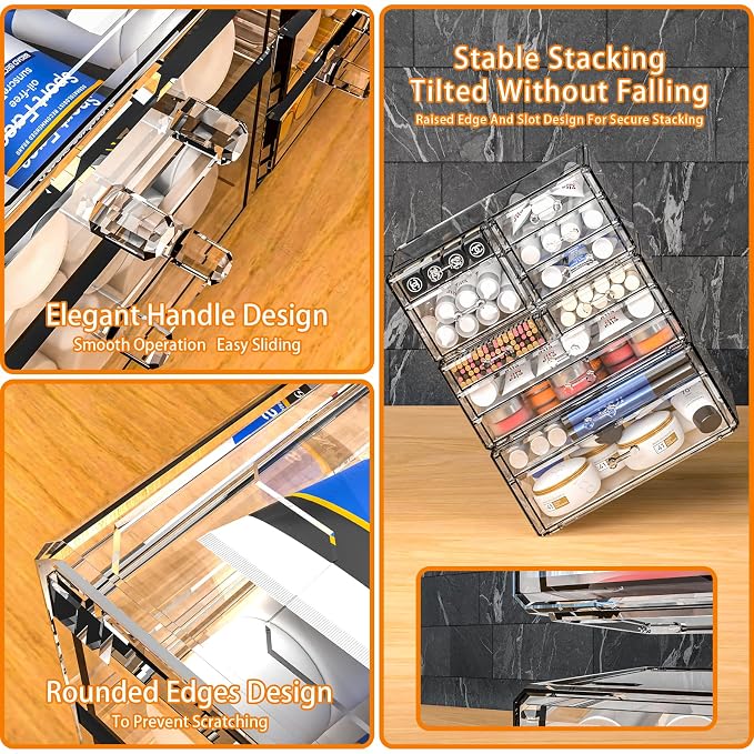 Cq acrylic 2 Pack Clear Desk Organizer With Drawers,Stackable 6 Drawers Skincare Organizer,Cute Skin Care Organizers for Vanity Hair Clip,Jewelry,Beauty Product Desk and Makeup Organizers Countertop