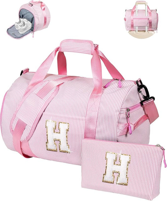 Cool Stuff for Teen Girls, Girl Gym Bag, Kids Initial Overnight Duffel Bags with Shoe Compartment, Personalized Travel Bag with Makeup Pouch, Pink Gift for Daughter Sister Niece (Letter H)