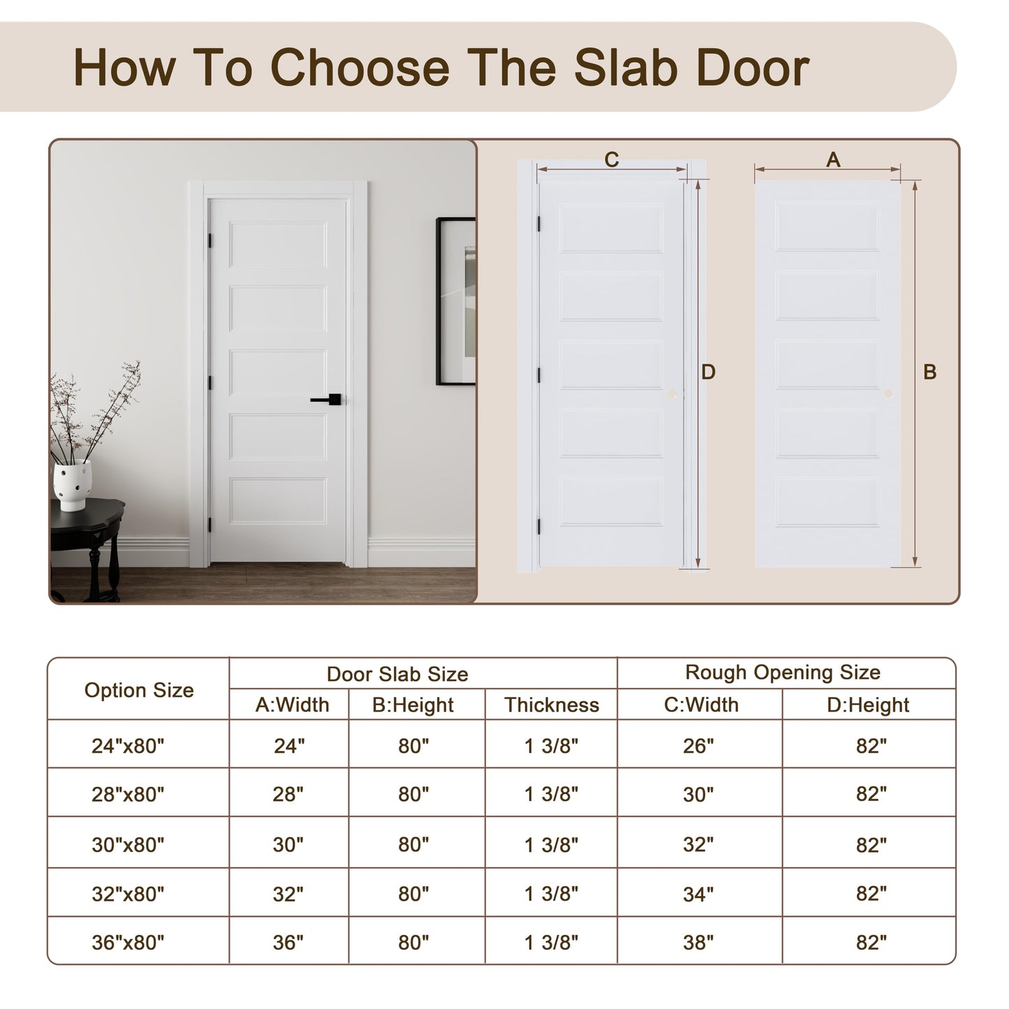 JUBEST 32"x80" Right-Hand Prehung Interior Door with Knock Down Jamb Kit & Matte Black Hinges, 5-Panel White Primed Hollow Core Molded Door Slab with Bore & Hinge Cutout, Durable & Sturdy, No Handle