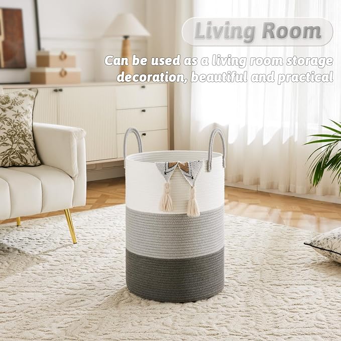 Artfeel Laundry Basket,Woven Cotton Rope Laundry Hamper,60L for Decorative Storage of Dirty Clothes,Toys and Blankets in Bathroom,Bedroom and Living Room