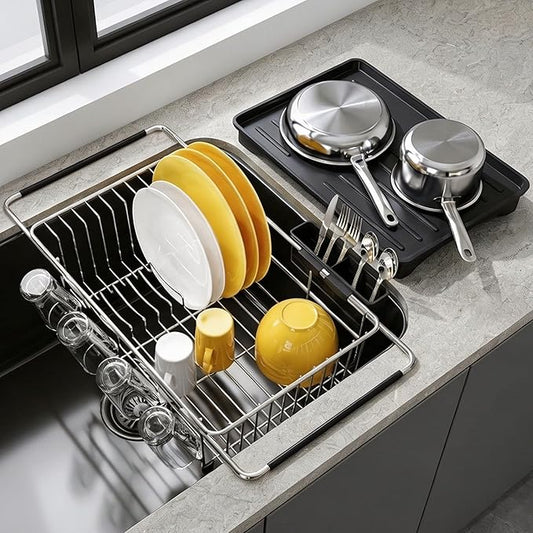 JASIWAY Sink Dish Drying Rack with Drainboard, Expandable Stainless Steel Dish Drainers for Kitchen Counter, Space Saving Dish Dryer Rack, Over The Sink Dish Racks with Utensil Holder, Silver
