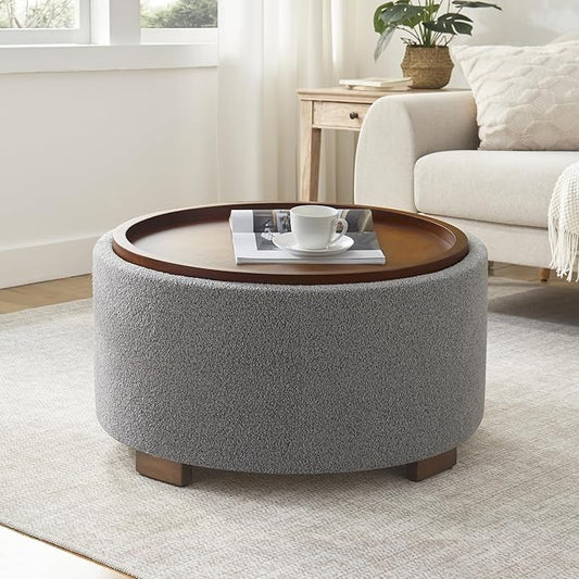 Zihanhome 30 Inch Round Storage Ottoman Coffee Table, Modern Boucle Ottoman with Lift-Off Lid and Solid Wood Legs for Living Room, Bedroom, Corners, Apartments (Light Grey)