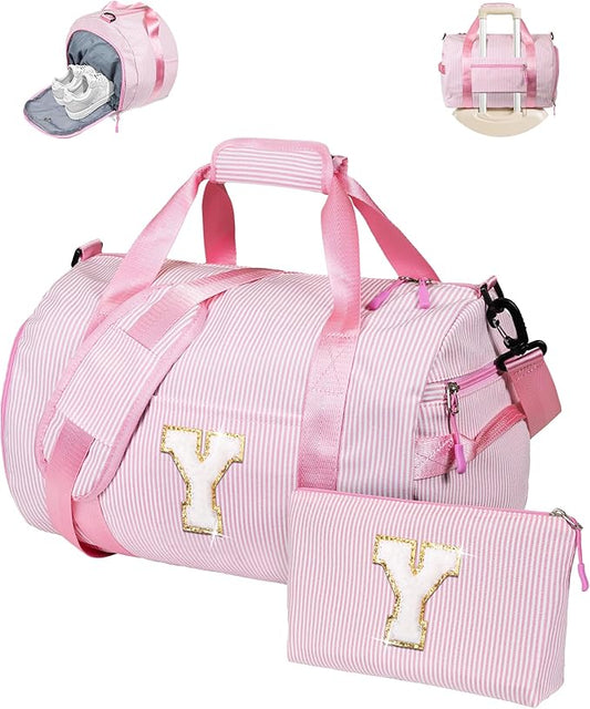 Christmas Gifts for Kid, Girl Gym Bag, Kids Initial Overnight Duffel Bags with Shoe Compartment, Personalized Travel Bag with Makeup Pouch, Dance Recital Gifts for Girls (Letter Y)