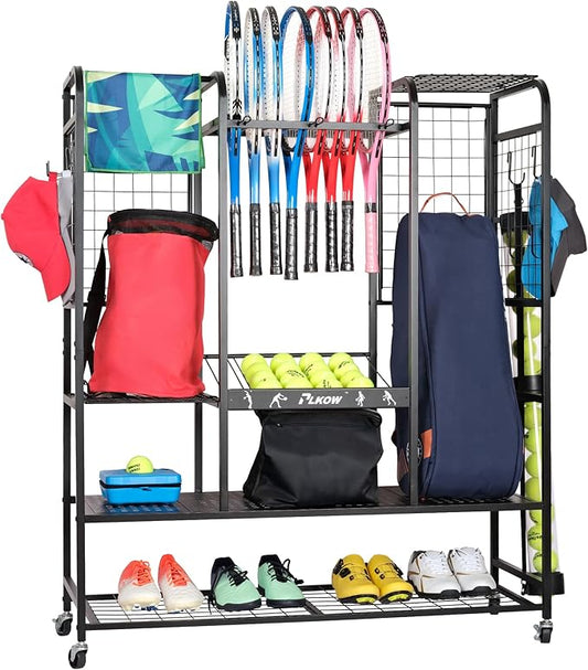 PLKOW Tennis Bag Organizer Tennis Racket Storage Rack, Tennis Equipment Holder for Bags, Balls, Racquet & Accessories, Versatile Gear Organizer for Garage, Club, or School